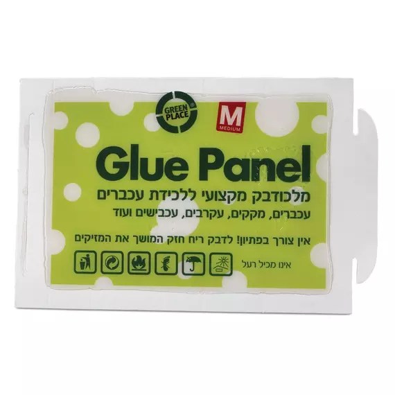 תמונה של פאנל דבק עם כיתוב באנגלית ובעברית, על רקע ירוק עם נקודות לבנות. הכיתוב כולל את המילים 'Glue Panel' ופירוט לשימושים.